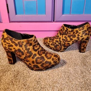 Allegra K Leopard Print Round Toe Chunky Heel Ankle Booties, Leopard, Sz 9